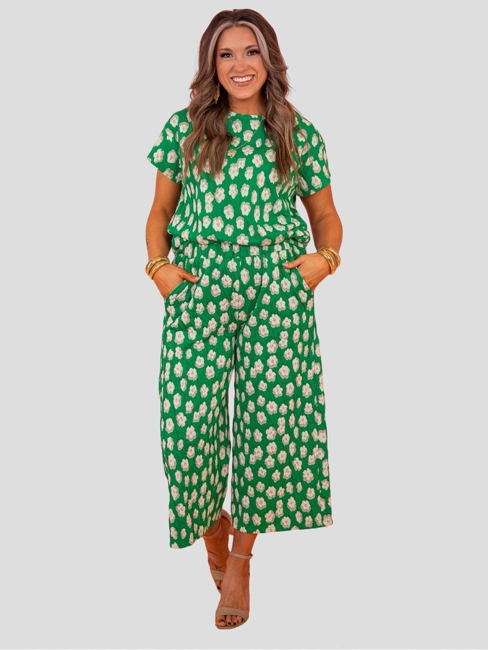 See and Be Seen You're In Luck Floral Textured Top & Pants Set | Green | Large